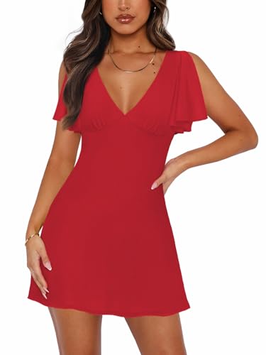 Image of MIYIEONZ Women's Sexy Deep V-Neck Ruffle Sleeve Mini Dresses Summer Casual Bodycon Beach Cocktail Party Club Short Dress