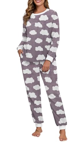 PrinStory Fluffy Pajamas for Women Soft Fleece Warm Pajama Set Fuzzy Pjs Winter 2 Piece Flannel Lounge Sets with Pockets FP-Gray Cloud-M