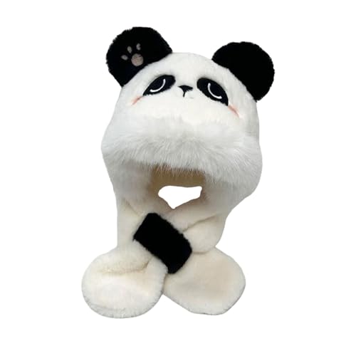 Children Panda Animal Hat and Scarf Set Plush Thickened Winter Warm Ear Protection Cap for Boys Girls- White