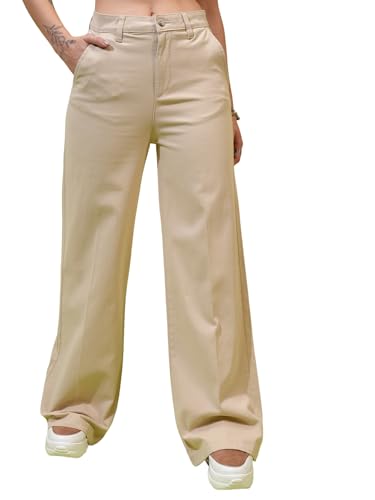 Image of Tokyo Talkies Pure Cotton Flared Wide Leg Trousers | Mid-Rise with Side Pockets|Casual Pants