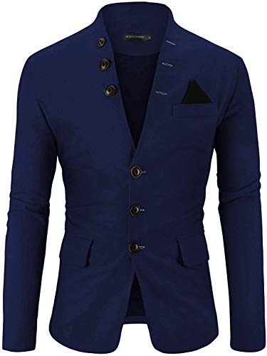 WEEN CHARM Mens Casual Slim Fit Standing Collar Blazer 3 Button Suit Sport Jackets Navy Blue