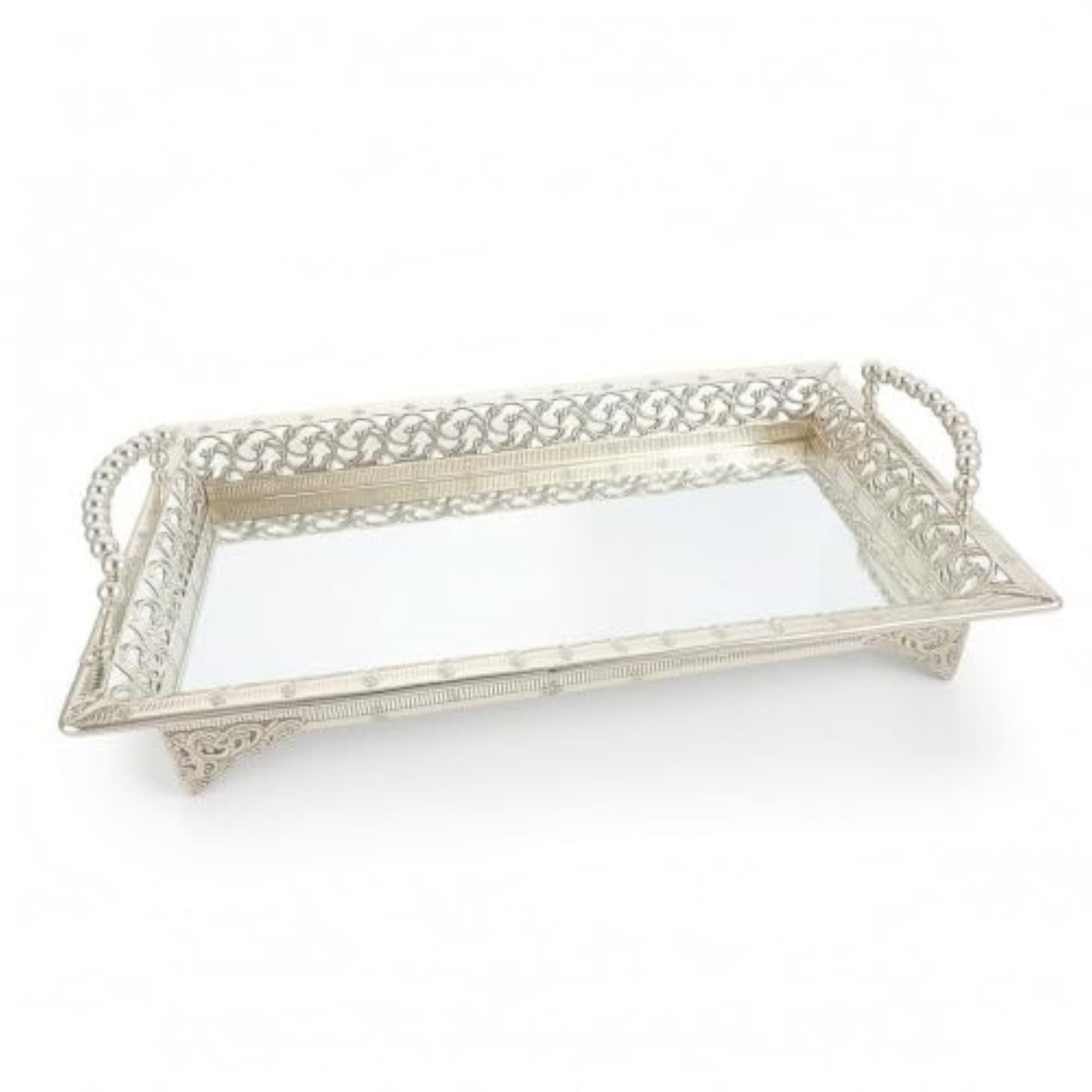 Ornate Mirrored Tray with Handles, Shiny Embossed for Home Decor