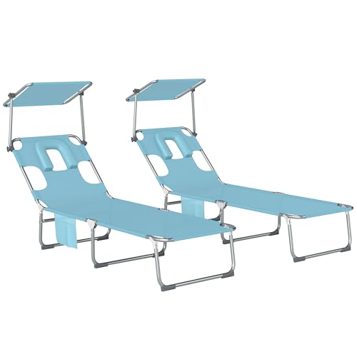 Outsunny Set de 2 Tumbonas Jardín Exterior, Tumbonas Plegables con Reposacabezas, Dosel 360°, Orificio Facial, Bolsillo Lateral, Respaldo Reclinable 5 Posiciones y Textilene 550 g/m² para Playa, Azul