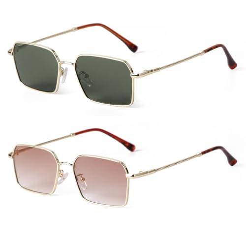 KFPH Fashion Hexagon Rectangle Sunglasses for Women Men Cute Stylish Tinted Lenses Gold Metal Frame Rectangular Sun Glasses