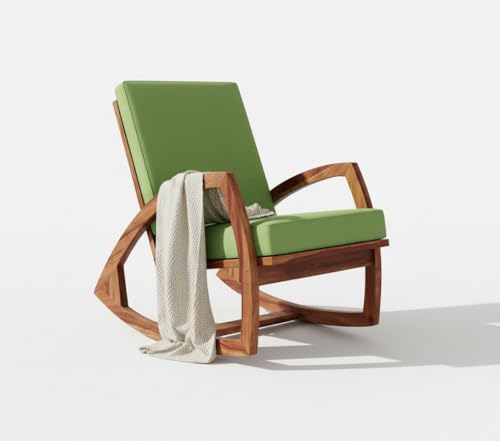Image of Solid Sheesham Wood Rocking Chair for Living Room - Upholstered Relaxing Chair - Wooden Rocking Chair for Adults for Home Outdoor Indoor (Honey, Crew)