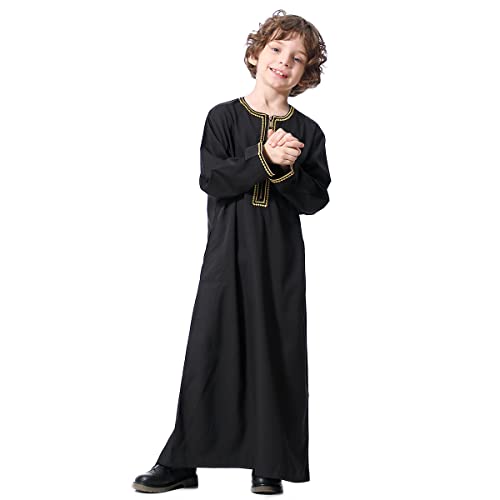 Image of OBEEII Boy's Muslim Arab Solid Color Thobe Long Sleeve Kaftan Embroidered Robe Islamic Arabic Abaya Thobe