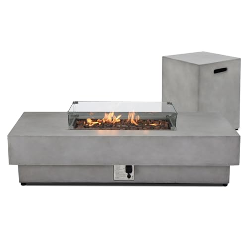 SiTimmGer 3 Pieces 60-Inch Outdoor Propane Fire Pit Table w/Tank Cover&Wind Guard - 50,000 BTU, Concrete Rectangle Firepits, Steel Lid, Lava Rocks & Rain Cover Included