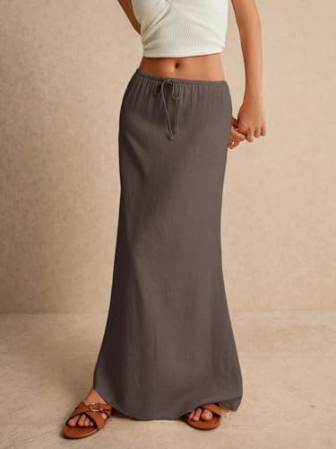 EARKOHA 2025 Women's Summer Maxi Skirt Drawstring Low Waist A Line Linen Long Flowy Skirts Coffee Brown1 XS2