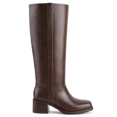 Image of Gothictor Women's Banana Knee High Boots Square Toe Chunky Block Heel Comfortable Low Heel Pull on Wide Calf Riding Long Boots for Women