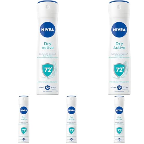 NIVEA Dry Active Deospray, Deo ohne Ethylalkohol für 72h Anti-Transpirant-Schutz, antibakterielles Deodorant mit Dual-Active-Formel und frischem Duft (150 ml) (Packung mit 5)