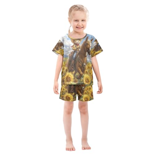 ALAZA Horse Cat Kitten Sunflower Pajamas Set Short Sleeve Cotton Sleepwear Summer Pjs 2 Piece 5-14Y3