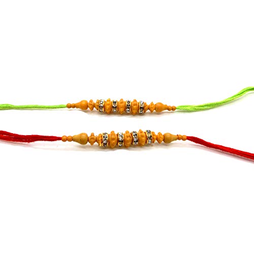 IndiaBigShop Juego de Dos Anillo de Piedra N Color Dorado con Hilo Rojo Amarillo, Raksha bandhan Regalo para su Hermano.