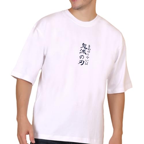 Image of Demon Slayer Tanjiro Oversized Off White Tshirt for Men and Women Anime Graphic Print Drop Shoulder Unisex Pure Cotton Baggy Loose Fit T-Shirts