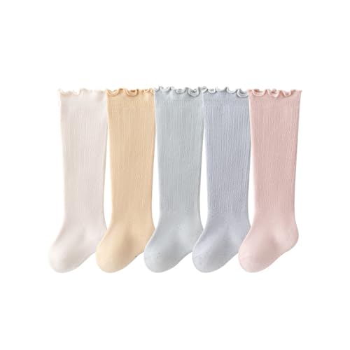 Girls Keen High Socks Ribbed Cuffs Ruffed Crew Socks Solid Classical Fashion Socks for Girls 5 Pairs