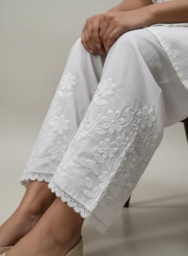 Image of White Cotton Chikankari Palazzo Pants for Women, Embroidered Floral Design with Lace Hem, Wide Leg