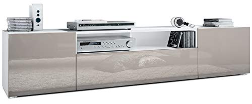 Vladon Buffet Bas Mogan, Meuble TV avec 2 Portes, 1 clapet et 1 Compartiment Ouvert, Blanc Mat/Gris Sable Haute Brillance (181 x 39 x 35 cm)