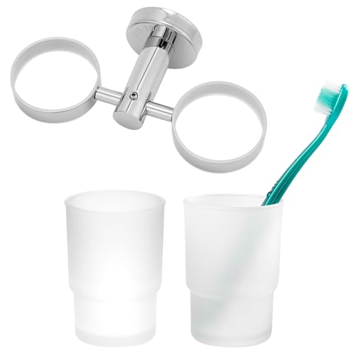 QWORK® Zahnbürstenhalter zur Wandmontage, Zahnbürstenhalter aus Edelstahl 304, Zahnbürstenhalter mit 2 Mundwasserbechern