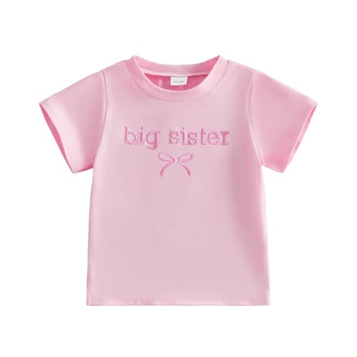 GOOCHEER Big Sister Little Sister Matching Outfit Baby Girl Short Sleeve Romper Toddler Girl T-Shirt Tops (Pink-Big Sister 4-5T)