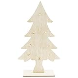 LED-Tanne aus Holz | 27 cm x 16 cm x 0,5 cm | Mit Fuß | 8 LEDs in Warmweiß leuchtend | Batteriebetrieben