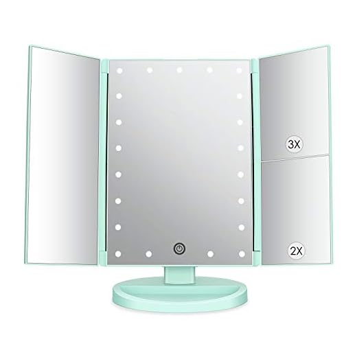 deweisn Tri-Fold Lighted Vanity Mirror with 21 LED Lights, Touch Screen and 3X/2X/1X Magnification, Two Power Supply Mode Make up Mirror,Travel Mirror (Green)