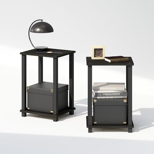 Image of Furinno Simplistic Night Stand Set of 2, 2-Tier Small Nightstand with Open Shelf, Toolless Bedside Table, End Table, Side Table, for Bedroom, Closet, Dorm, Espresso