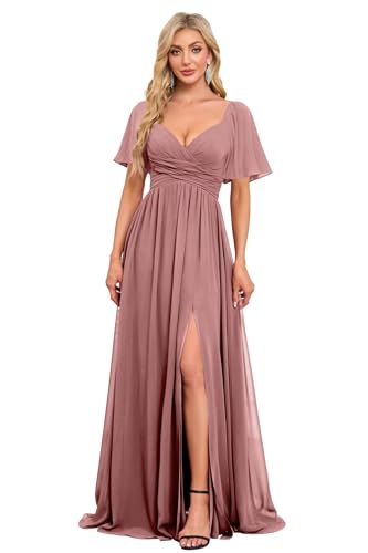 Image of Women's Flutter Sleeves Chiffon Bridesmaid Dresses with Slit Long A Line V-Neck Formal Party Dress with Pockets