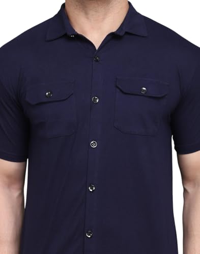 Image of Men's Half Sleeve Shirt - Spread Collar Casual Shirt with Double Flap Pockets - Slim Fit Cotton Blend Button-Down