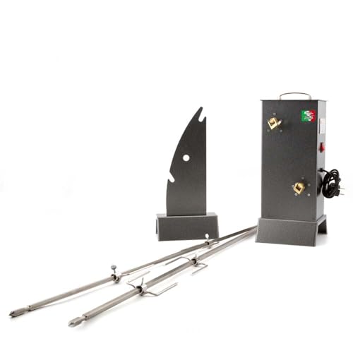 GIEMME Ursus - Asador eléctrico para asar (2 motores independientes, 2 pinchos cuadrados de 10 x 10 mm, 100 cm, rejilla profesional, incluye tenedores de carne y soporte para brochetas)