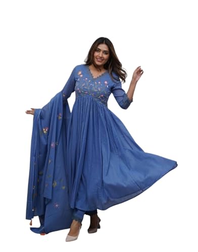 Image of KANCHAN TRADERS Women's Cotton Round Neck 3 /4 Sleeve Chikankari Embroidered Printed Kurta Palazzo with Dupatta Set