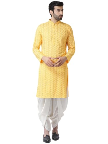 Image of KISAH Men's Kurta Dhoti Set, Yellow Cotton Blend, Printed Mandarin Colla Regular Fitr Long Sleeves