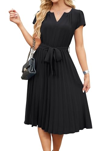 Image of ECOWISH Womens Casual Midi Dresses Solid V Neck Short Sleeve Button Shirt Belted Dress with Pockets for Spring Summer 2026