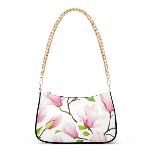 Pink Magnolia Flowers Leaves White Retro Formal Purse Hobo Women Handbag Medium Pattern Floral Shoulder Bag Zipper Closure