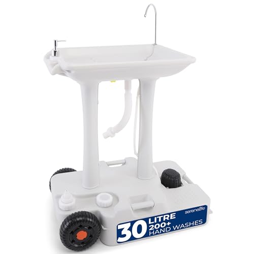 SereneLife Portable Camping Sink with 30L Water Tank Outdoor Handwashing Station with Foot Pump Soap & Towel Dispenser Mobile Hygiene Wash Basin for RV Travel Garden & Construction