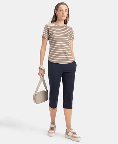 Image of Jockey A121 Women Super Combed Cotton Stripe Fabric Relaxed Fit Round Neck Half Sleeve T-Shirt with Curved Hem Styling