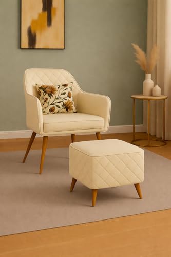 Image of Velvet Accent Chair with Pouffe & Floral Cushion | Modern Upholstered Armchair with Gold Metal Legs | Comfortable Lounge Chair for Living Room, Bedroom, Office (Off White)
