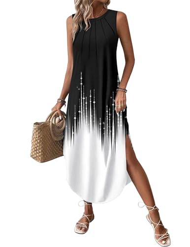 Image of Zeagoo Women Floral Summer Casual Beach Printed Tank Dress with Pockets Pleated Front Long Dress