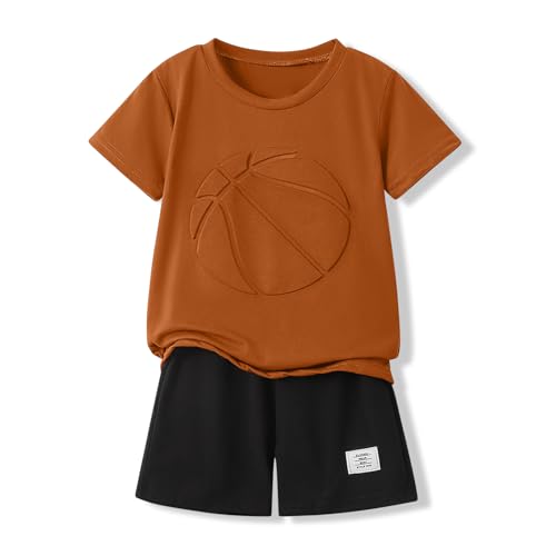 Image of Boys 2 Piece Outfits Short Sleeve Basketball Pattern T-Shirt and Shorts Summer Clothes for Kids 5-12 Years