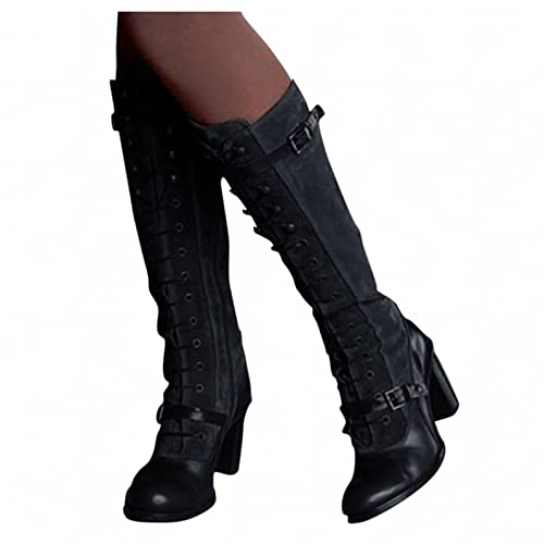 Olymmont Knee High Boots for Women Chunky Mid Heel Christmas Costume Party Prom Dress Boots for Women Fashion Suede Wide Calf Lace Up Long Boots Winter Stylish Dressy Knee High Boots