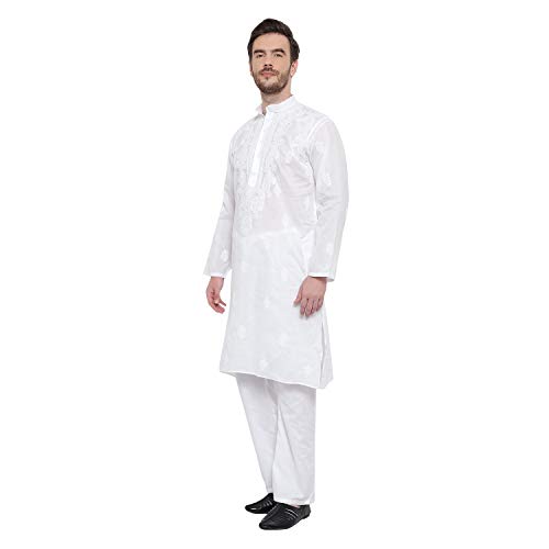 Image of Lucknow Chikan Men's White Pure Cotton Kurta Pajama Set, Full Booty (44)
