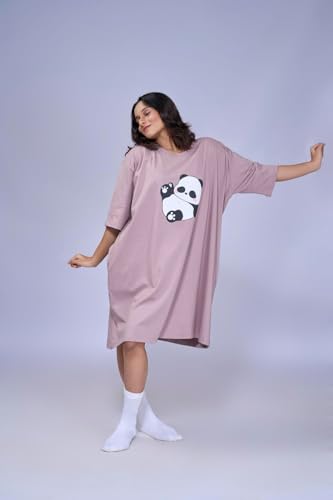 Image of LAMA STORE Women's Printed Oversized T-Shirt Dress, Cotton, 3 /4 Sleeve Length, Casual Loose Fit, Comfort Wear Extra Comfy Oversized Printed Pocket T-Shirt Dress