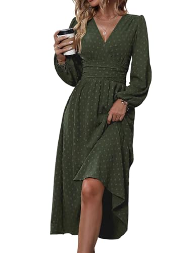 HUXRAKV Damen Elegant Kleid Langarm V-Ausschnitt Freizeitkleider A-Linie Blumenmuster Wickelkleid Herbst Winter Laternenärmeln Kleid Partykleid...