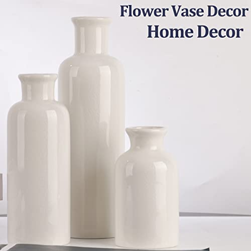 Image of White Ceramic Vase Set - 3 White Small Vases, Farmhouse Country Flower Vase Home Decor, Living Room Decoration, Table Decoration, Fireplace Decor, and Entrance Decorations Centerpieces