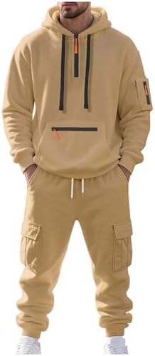 Fleece Lined Men Tracksuit Set 2 Piece Sets - Tactical Hoodies Quarter Zip Pullover & Cargo Joggers Athletic Sweatsuits Thermal Clothes Gym Outfits Winter Fall Fashion 01# Khaki Large