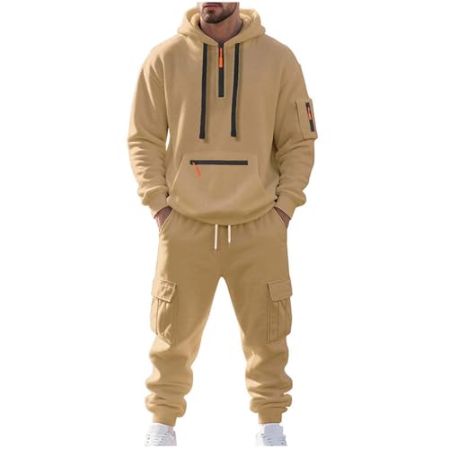 Fleece Lined Men Tracksuit Set 2 Piece Sets - Tactical Hoodies Quarter Zip Pullover & Cargo Joggers Athletic Sweatsuits Thermal Clothes Gym Outfits Winter Fall Fashion 01# Khaki Large