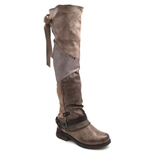 Angkorly - Chaussure Mode Cuissarde Botte Motard Souple Couverte Femme lanière Boucle Noeud Talon Bloc 3.5 CM - Intérieur Légèrement Fourrée - Khaki - F81 T 40