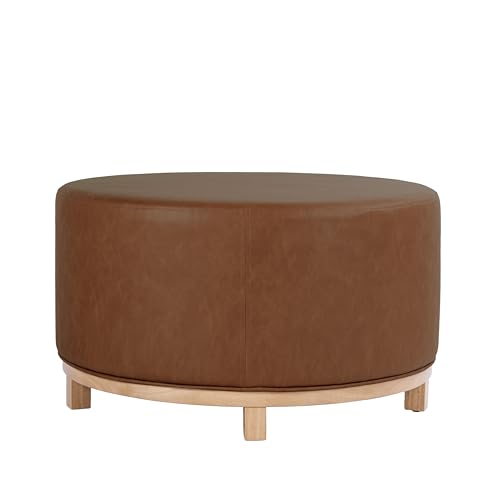Image of HomePop 32 inch Haven Ottoman with Wood Base - Chestnut Brown Faux Leather