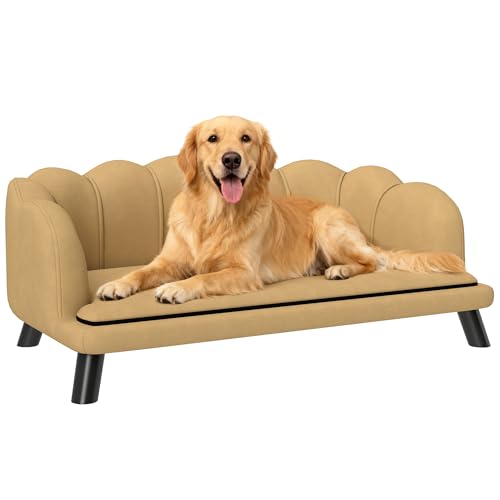 PawHut Velvet Large Dog Couch with Foam Cushion, Soft and Cute Dog Bed with Pearl Design, Pet Sofa for Big and Medium Breeds, Coffee