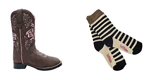 TuffRider Children's Glacier Square Toe Western Boot- Mocha w/Pink-With Free Assorted Striped Socks