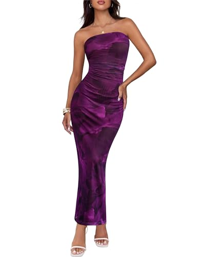 BTFBM Women's Floral Maxi Dresses Summer 2025 Strapless Tube Bodycon Mesh Layered Cocktail Party Wedding Guest Dress