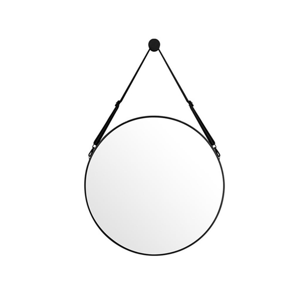 BKSXSOP 60cm Round Wall Mirror with Adjustable Leather Strap - Stylish Decor for Entryway, Bathroom, and Bedroom Vanity Modern Black Finish